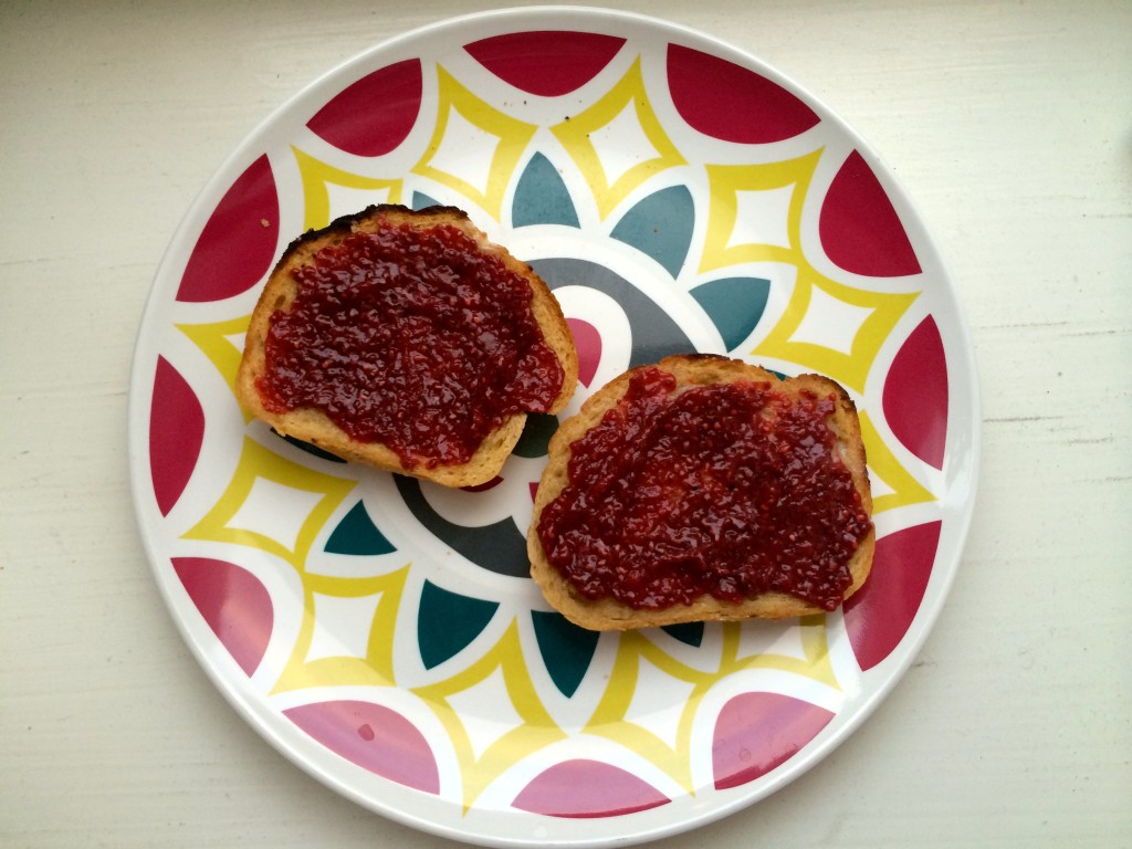 Toast on plate with strawberry chia seed jam